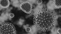 Coronavirus 2019-ncov flu outbreak 3d medical black and whiteillustration. Microscopic view of floating influenza virus cells. Royalty Free Stock Photo