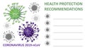 Coronavirus 2019 nCoV, protection, hygiene, dangerous unknown virus in China Wuhan, 3d green and purple coronavirus on information