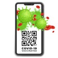 Coronavirus 2019-nCoV on smartphone screen. Checking, monitoring QR codes for presence and validity of the Covid-19 vaccination.
