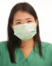 Coronavirus outbreak in China - young beautiful Asian Korean medicine doctor woman or hospital nurse in scrubs using protective Royalty Free Stock Photo