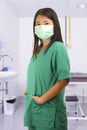 Young beautiful Asian Korean medicine doctor woman or hospital nurse in scrubs using protective medical face mask in prevention Royalty Free Stock Photo