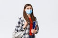 Coronavirus pandemic, covid-19 education, and back to school concept. Smart female student, freshman girl heading to