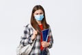 Coronavirus pandemic, covid-19 education, and back to school concept. Upset disappointed female student in medical mask