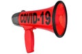 Coronavirus pandemic danger, covid 19 epidemic, red megaphone white background isolated closeup, loudspeaker icon alarm loudhailer