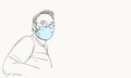 Coronavirus pandemic. Man wearing medical face mask and eyeglasses, sitting in relaxing pose looking straight