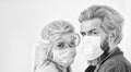 coronavirus pandemic outbreak preventions. stay at home. man and doctor in respirator mask. Couple in love. protect your
