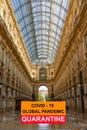 Coronavirus pandemic quarantine sign over Milan Galleria Vittorio Emanuele background