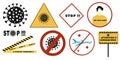 Coronavirus Pandemic sign set. Stop, attention Covid-19 , 2019-nCoV Novel Coronavirus , Cancellation of flights , face mask sign