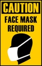 Coronavirus pandemic warning sign with text face mask required outlined with black. Silhouette of person head wearing protective m