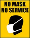 Coronavirus pandemic warning sign with text No mask no service on yellow outlined with black. Silhouette of person head wearing pr