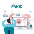 Coronavirus panic concept banner. A man watches news about a new virus and is afraid of infection