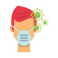 Coronavirus particles with man using face mask