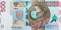 Coronavirus in Poland. Quarantine and global recession. 500 Polish zloty banknote with face mask against infection Royalty Free Stock Photo