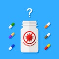 Coronavirus and possible cure concept with pill bottle and question mark above it