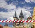 Coronavirus in Prague, Czech Republic. The gothic Church of Mother of God in front of Tyn in Old Town Square. Covid-19 sign. Royalty Free Stock Photo