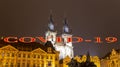 Coronavirus in Prague, Czech Republic. The gothic Church of Mother of God in front of Tyn in Old Town Square. Covid-19 sign. Royalty Free Stock Photo