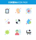 Coronavirus Precaution Tips icon for healthcare guidelines presentation 9 Flat Color icon pack such as dumbbell, syring, worldwide