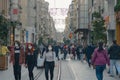 Coronavirus precautions in Istiklal. Face Masked people in Istiklal Avenue