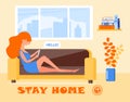 Coronavirus prevention concept vector. Girl is sitting on the sofa, chatting and asking that everybody stays at home