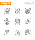 9 Line Set of corona virus epidemic icons. such as breath, research, clock, lab, test