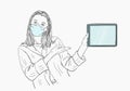 Coronavirus prevention illustration. Sketch of woman wearing medical face mask and showing tablet blank screen Royalty Free Stock Photo