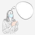 Coronavirus prevention illustration. Woman wearing medical face mask with tablet touching screen and looking up sideways Royalty Free Stock Photo