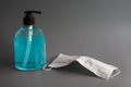 Coronavirus prevention masks and hand sanitizer gel to prevent pathogens from secretions and hand hygiene Royalty Free Stock Photo