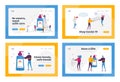 Coronavirus Prevention Measures Landing Page Template Set. Tiny Characters in Masks Wash Hands with Antibacterial Soap