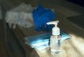 Coronavirus prevention medical surgical masks and hand sanitizer gel for hand hygiene corona virus protection. Selective focus Royalty Free Stock Photo