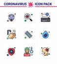 Coronavirus Prevention Set Icons. 9 Filled Line Flat Color icon such as washing, hands, scan, survice, online