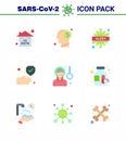 9 Flat Color Set of corona virus epidemic icons. such as safe, hand, brain, clean, disease
