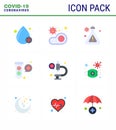 Coronavirus Prevention Set Icons. 9 Flat Color icon such as coronavirus, tubes, virus, fuild, bacteria