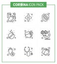 Coronavirus Prevention Set Icons. 9 Line icon such as hand wash, tablets, patient, pills, shield