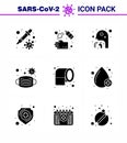 Coronavirus Prevention Set Icons. 9 Solid Glyph Black icon such as safety, mask, wash, face, people