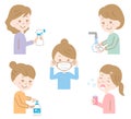 Coronavirus preventive illustration. Set of cute young women. Wearing a feca mask, washing hands, sanitizing with alcohol, and