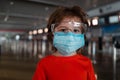 Coronavirus protection. Child face in a mask and goggles. The boy wears a medical mask and glasses. Childrens health and