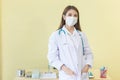 Coronavirus protection concept. An Asian female doctor Standing with pickpocket. wearing a white robe, wearing a mask and