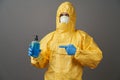 Coronavirus protection suit. Doctor in protective suit