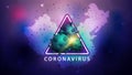 Coronavirus, purple poster with triangle warning sign with coronavirus molecules