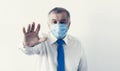 Coronavirus quarantine and Air pollution pm2.5 concept. Old sick man wearing respirator mask for protect. Wuhan, China epidemic Royalty Free Stock Photo