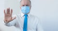 Coronavirus quarantine and Air pollution pm2.5 concept. Old sick man wearing respirator mask for protect. Wuhan, China epidemic Royalty Free Stock Photo