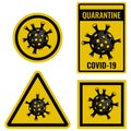 Coronavirus quarantine alert signs. Virus threat prevention concept