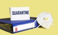 Coronavirus quarantine concept. On the desktop there is a folder with documents, a medical mask and a notepad with the text