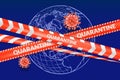 Coronavirus quarantine concept. Vector illustration of red caution tape, virus covid-19 on sketch globe background Royalty Free Stock Photo