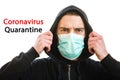 Coronavirus quarantine text. Man wearing medical protective mask on a white wall background. Prevent Covid-19, flu. Virus, Royalty Free Stock Photo