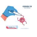Coronavirus research concept. The doctor holds a coronavirus bacterium with tweezers
