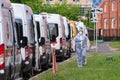 Coronavirus in Saint Petersburg, Russia: a line of ambulances wait for the turn at the admission department of Pokrovskaya