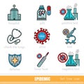 Coronavirus, set of Color Outline Icons. Check the lungs, positive test, negative test, virush, hospital