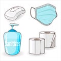 Coronavirus set. Medical mask. Protective mask. Toiler paper. Soap. Sanitizer for hands. Disinfection. White background. Flat