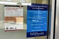 Coronavirus Signs in the window of the WHSmith Shop in Warminster, Wiltshire, UK